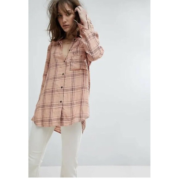Free People 100% Linen No Limits Peach Plaid Button Down Shirt oversized Small - Picture 1 of 12